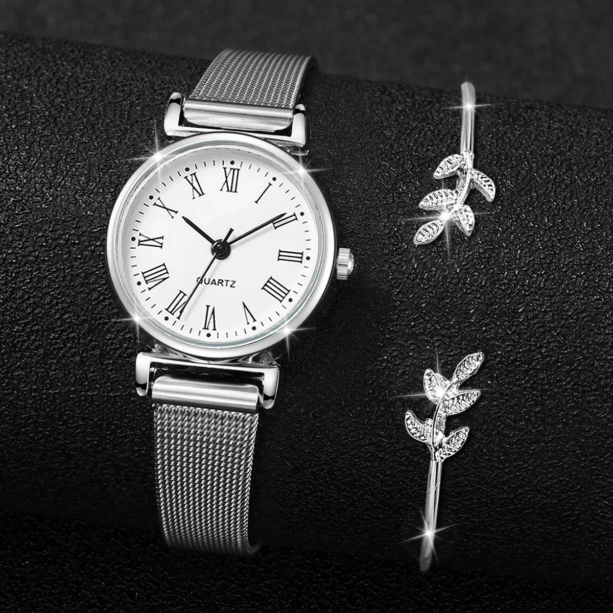 2PCS Fashion Women Quartz Watch Steel Mesh Band Watches Opening Cuff Bracelet Bangle Set（Without Box）