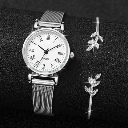 2PCS Fashion Women Quartz Watch Steel Mesh Band Watches Opening Cuff Bracelet Bangle Set（Without Box）