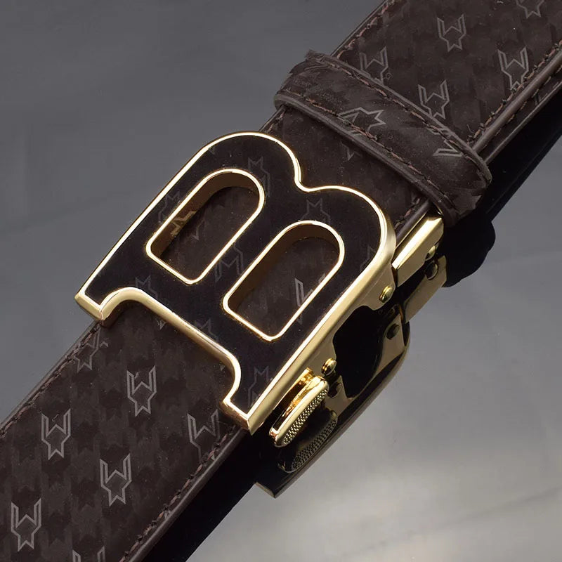 High Quality Automatic Buckle belts men Golden buckle fashion Waist Strap genuine leather Cowskin cintos masculinos B letter