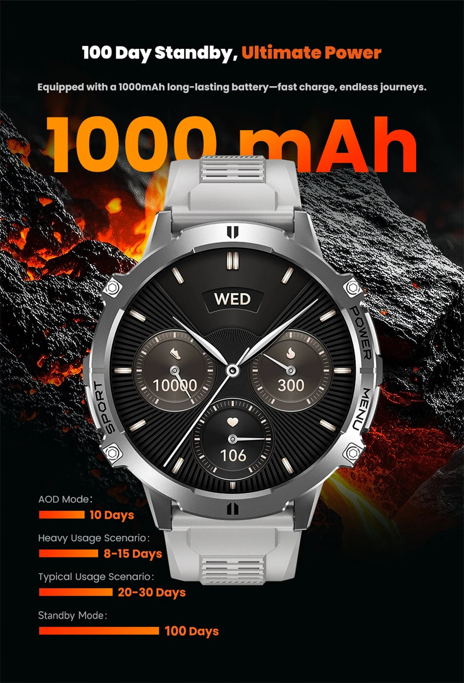T-Rex 3 Military Grade 1000mAh Battery Smart Watch 10ATM Waterproof GPS Compass Altimeter Call AMOLED Men Swim Sports Smartwatch