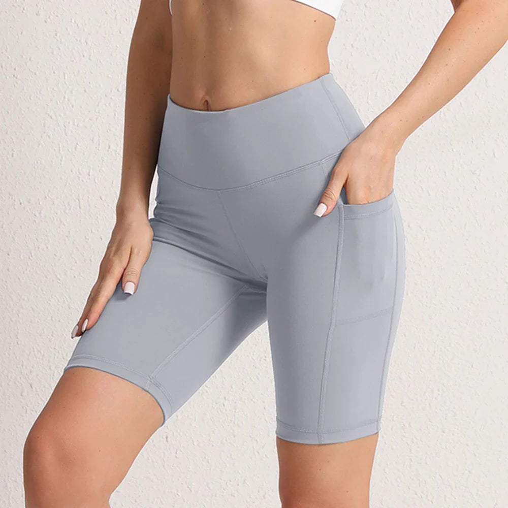 CHRLEISURE Women Yoga Shorts with 3 Pockets Seamless Gym Fitness Tights Elastic Cycling Shorts Female Solid Color Leggings