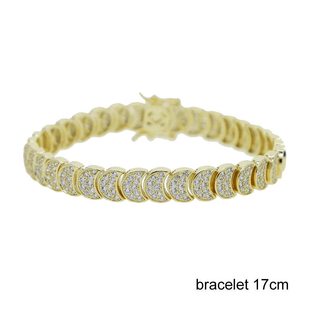 Gold Color Fashion Women Jewelry Set Geometric Shiny Plain Paved 5A CZ Moon Shaped Chain Choker Necklace Bracelet