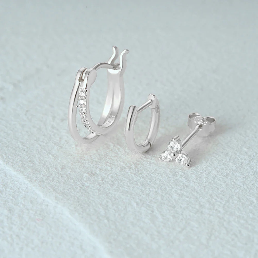Aide 3pcs Set 925 Sterling Silver Double Gold Hoop Mini Zircon Stud Earrings For Women Hypoallergic Elegant INS Piercing Jewelry