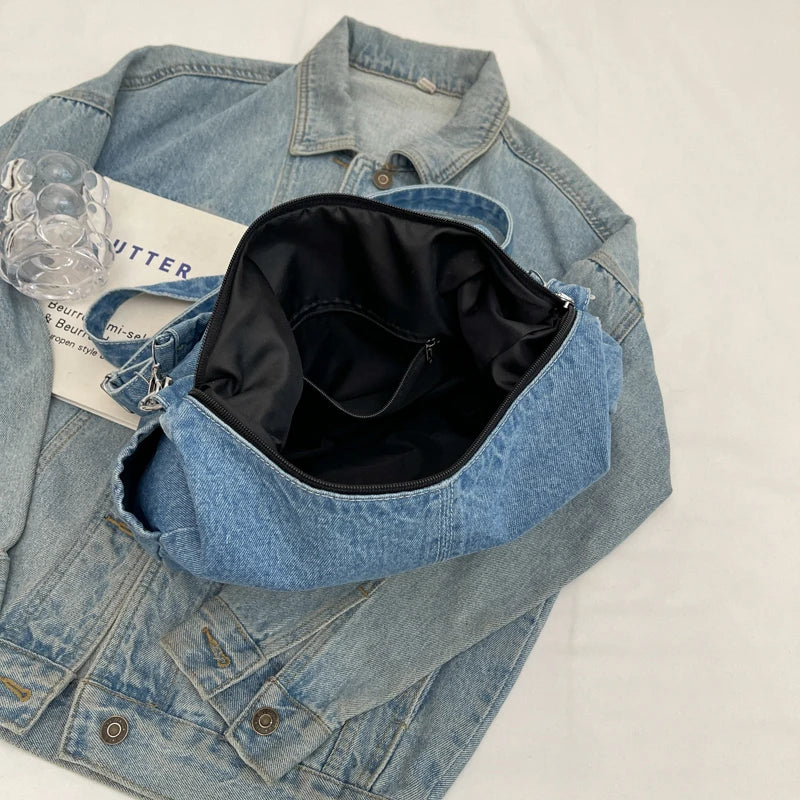 Women's minimalist and fashionable casual denim shoulder bag, zippered shopping bag