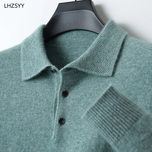 Merino Wool Hot Cardigans Men Lapel Pullover Long Sleeve POLO Neck Sweaters