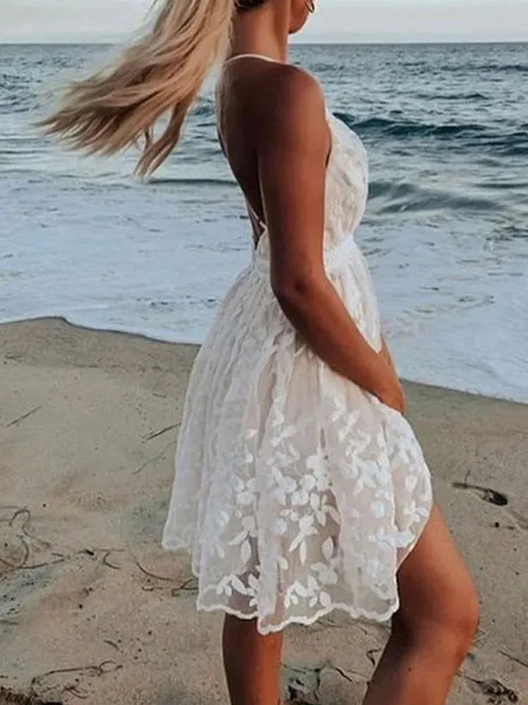 V Neck White Dress for Women Beach Lace Sling 2024 Summer Elegant Embroidery Dress Backless Casual Sleeveless Sexy Dress 21800