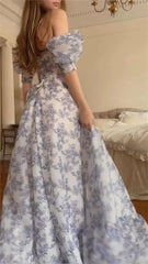 Blue And White Porcelain Vestidos De Noche Puffy Sleeve A-line Prom Dress