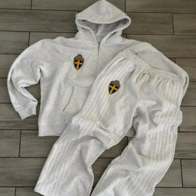 Y2K Zip Hooded Sweatpants Set Men Two Piece Hip Hop Embroidered Vintage Stripe Oversized Hooded Sweatshirt Casual Pants Set