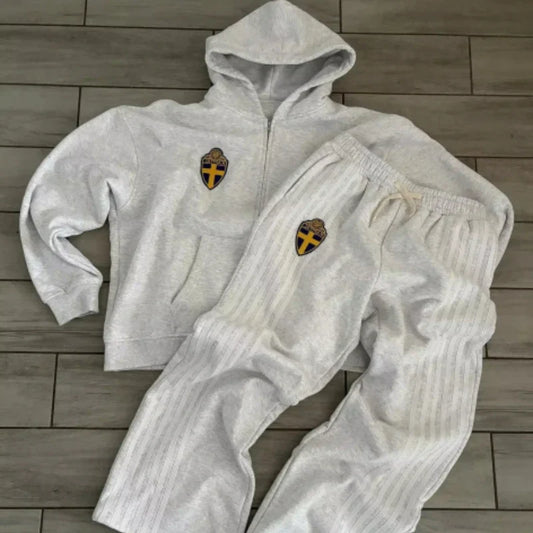 Y2K Zip Hooded Sweatpants Set Men Two Piece Hip Hop Embroidered Vintage Stripe Oversized Hooded Sweatshirt Casual Pants Set