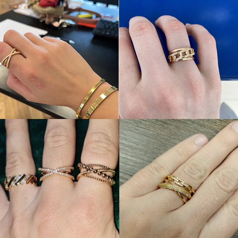 Fashion Gold Color Stainless Steel Rings For Women Chain Hollow Out Crystal Zircon
