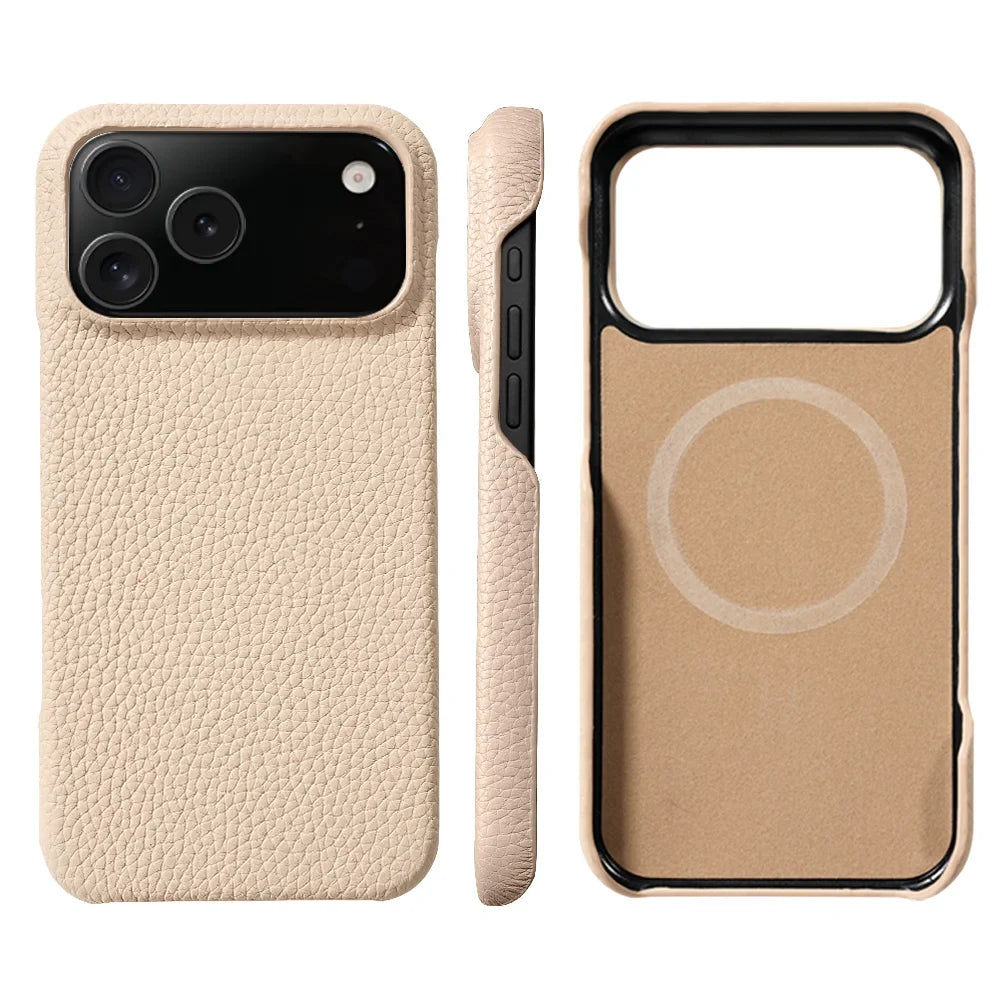 Magsafe Case for iPhone 17 Air 15 16 Pro Max 17Pro Lychee Natural Cowhide Leather Magnetic Protector Luxury Phone Back Cover