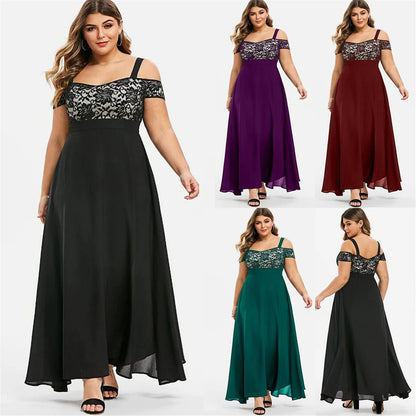 Plus Size Women Plus Size Cold Shoulder Floral Lace Maxi Party Evening Camis Long Dress New Fashion Simple Versatile Clothing