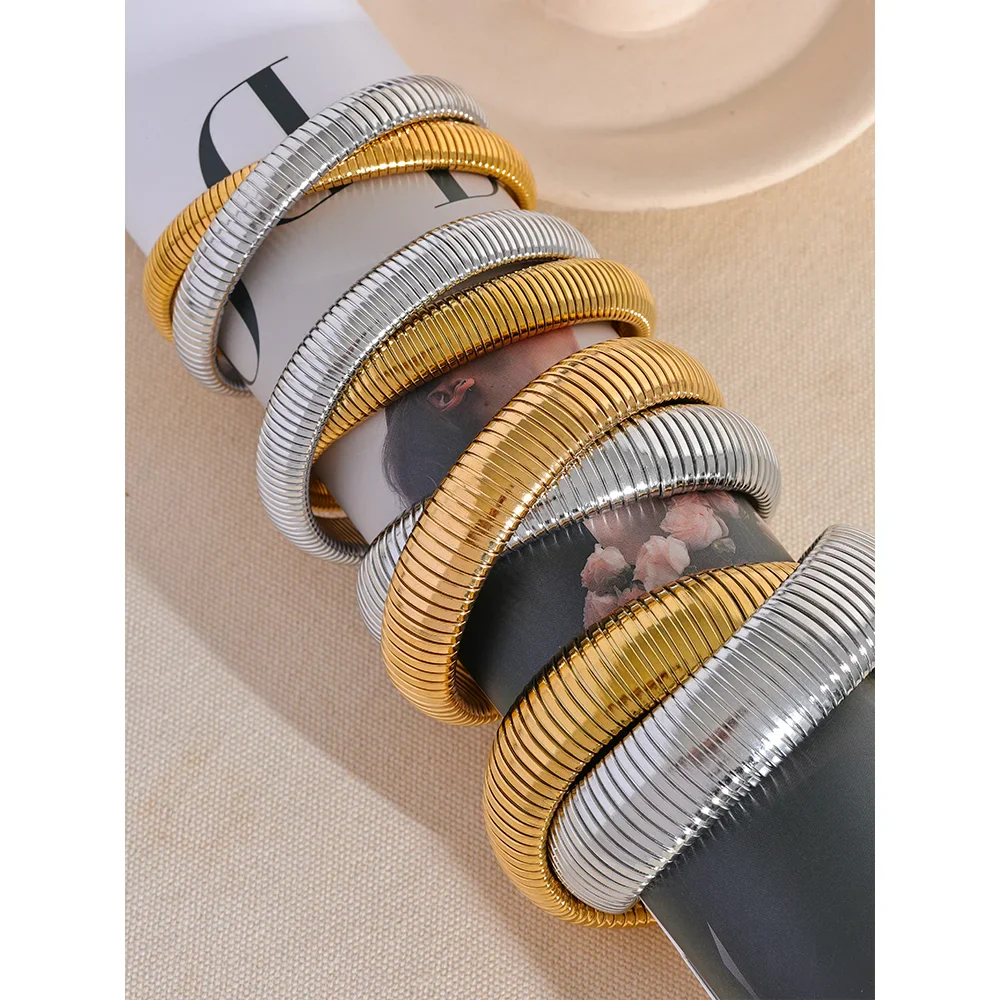 Yhpup Waterproof Stainless Steel Elastic Thick Metal Punk Bracelet Bangle 18K Gold Plated Fashion Women Trendy Jewelry Bijoux