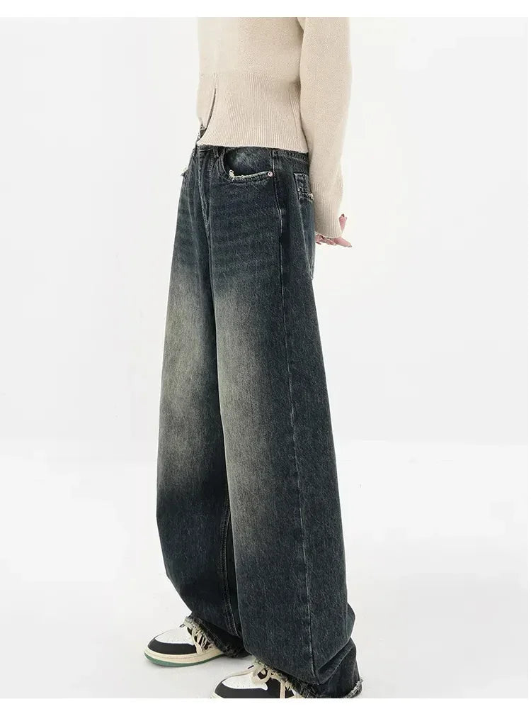 Korean Y2k Retro Wide Leg High Waist Straight Pants Streetwear Style Blue Jeans