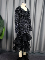 Black Sequin Formal Dresses for Women Long Sleeve Glitter Velvet Maxi Party Dress