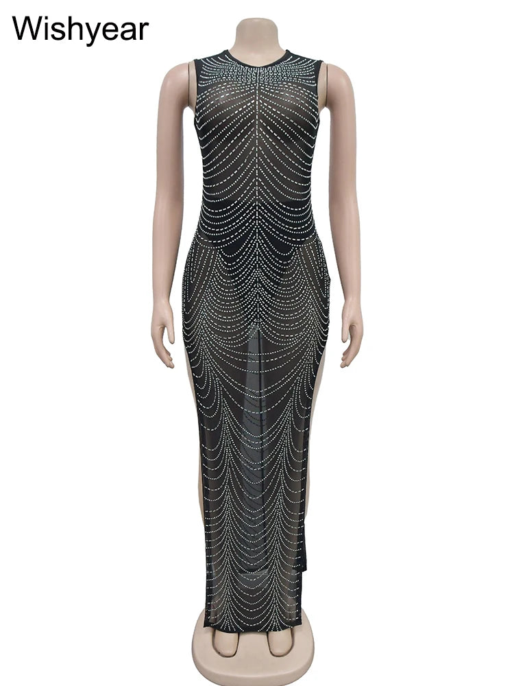 Evening Dresses: Diamonds Rhinestones Mesh Birthday Bodycon Maxi Dress for Women