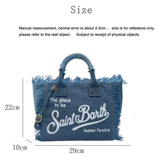 Bag for women's travel, solid color denim, small size, handmade tassel handbag