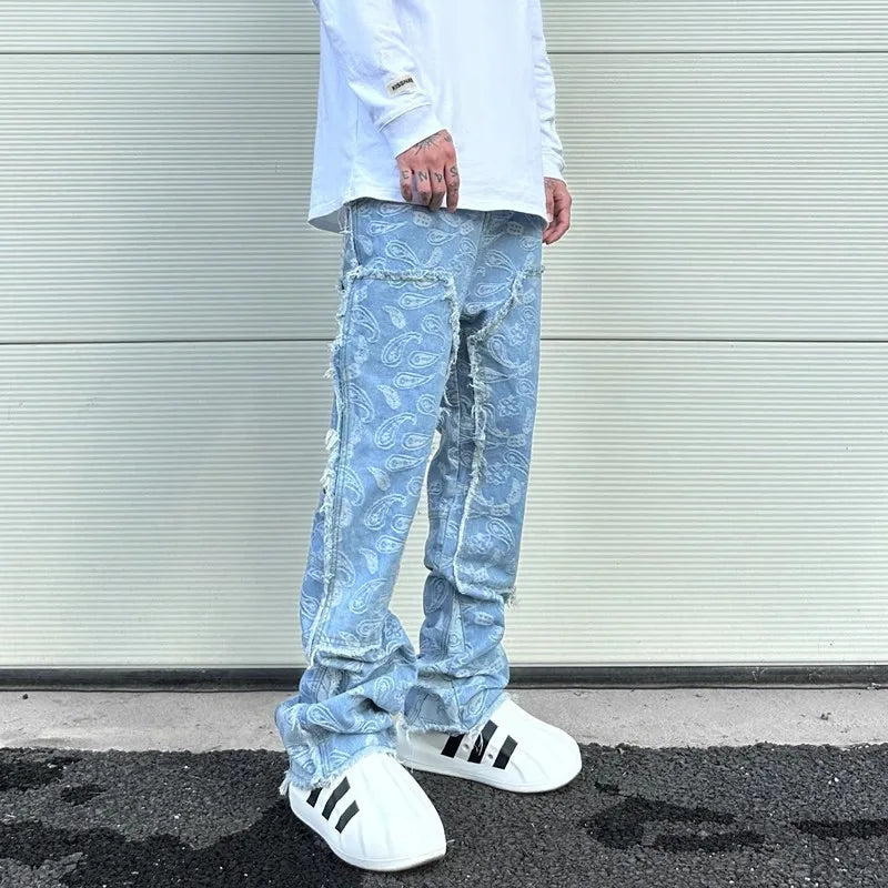 Y2k Frayed Urban Cashew Flower Full Print Patchwork Baggy Flare Jeans for Men Straight