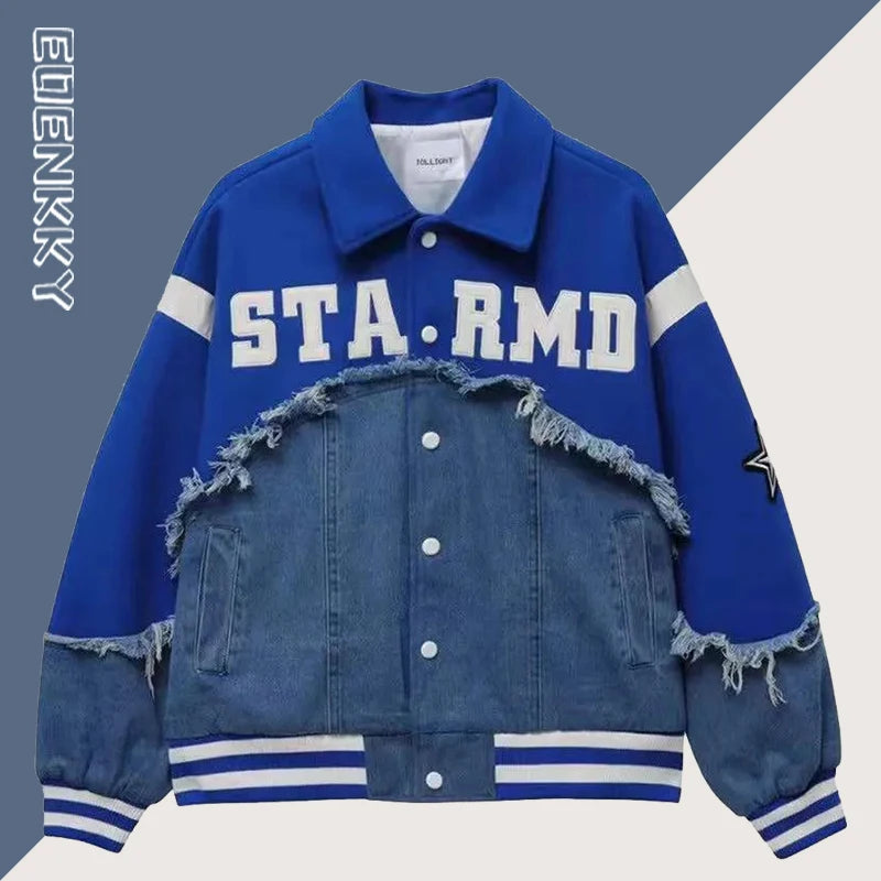 Vintage Denim Patchwork Jackets Men Letter Patch Varsity Jackets