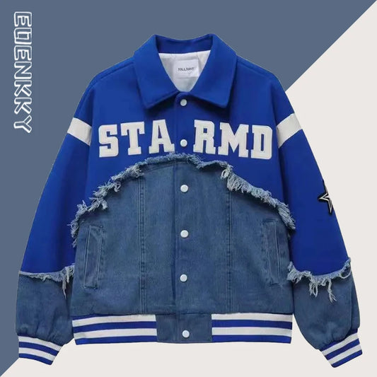 Vintage Denim Patchwork Jackets Men Letter Patch Varsity Jackets