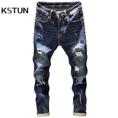 Mens Ripped Jeans Slim Fit Dark Blue Spring Autumn Destroyed Torn Stylish Moto