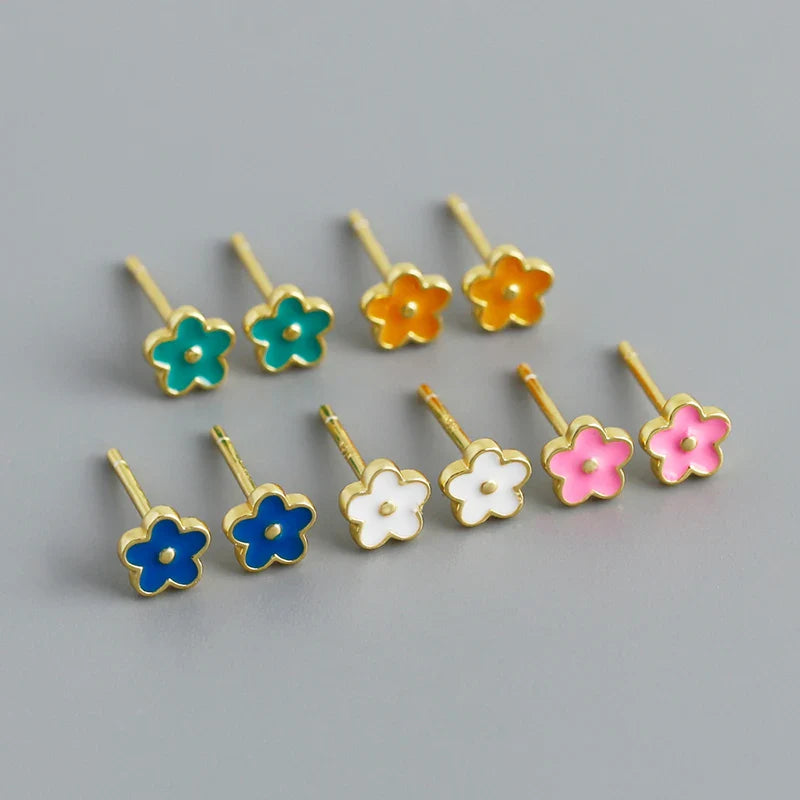 WANTME 925 Sterling Silver Romantic White Enamel Flower Screw Bead Stud Earrings for Women Fashion Simple Piercing Jewelry Gift