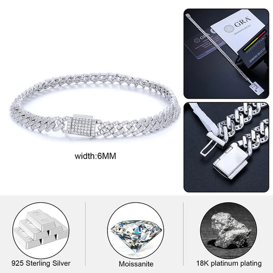 6mm Solid 925 Sterling Silver Miami Cuban Chain Bracelet For Women Men Iced Out Moissanite GRA Certified Hip Hop Jewelry Gifts