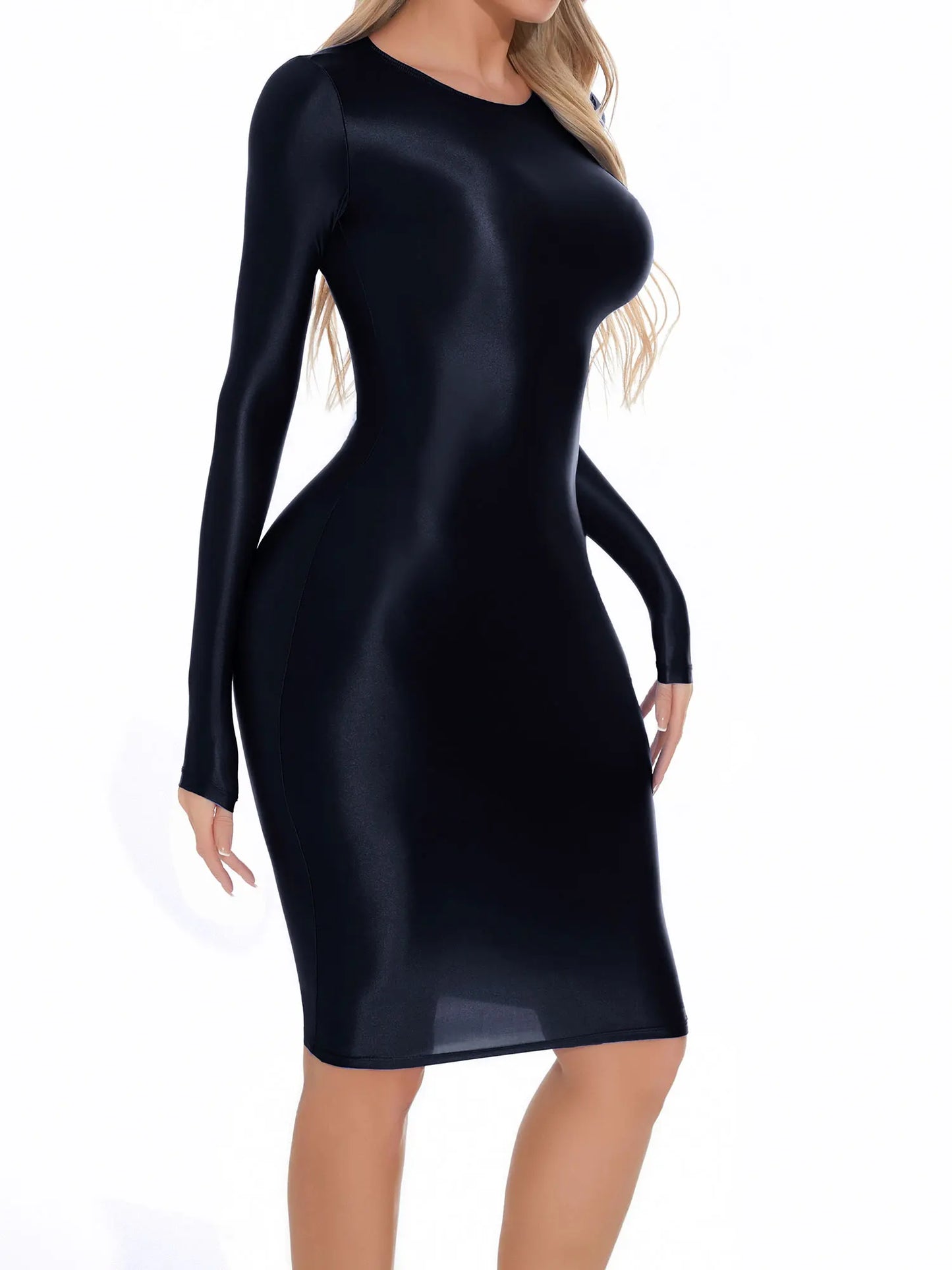 Womens Oil-shiny Bodycon Dress Long Sleeve Hip Wrap Sleep Dress Sexy Nightwear for Clubwear Performance Cocktail Party Costume