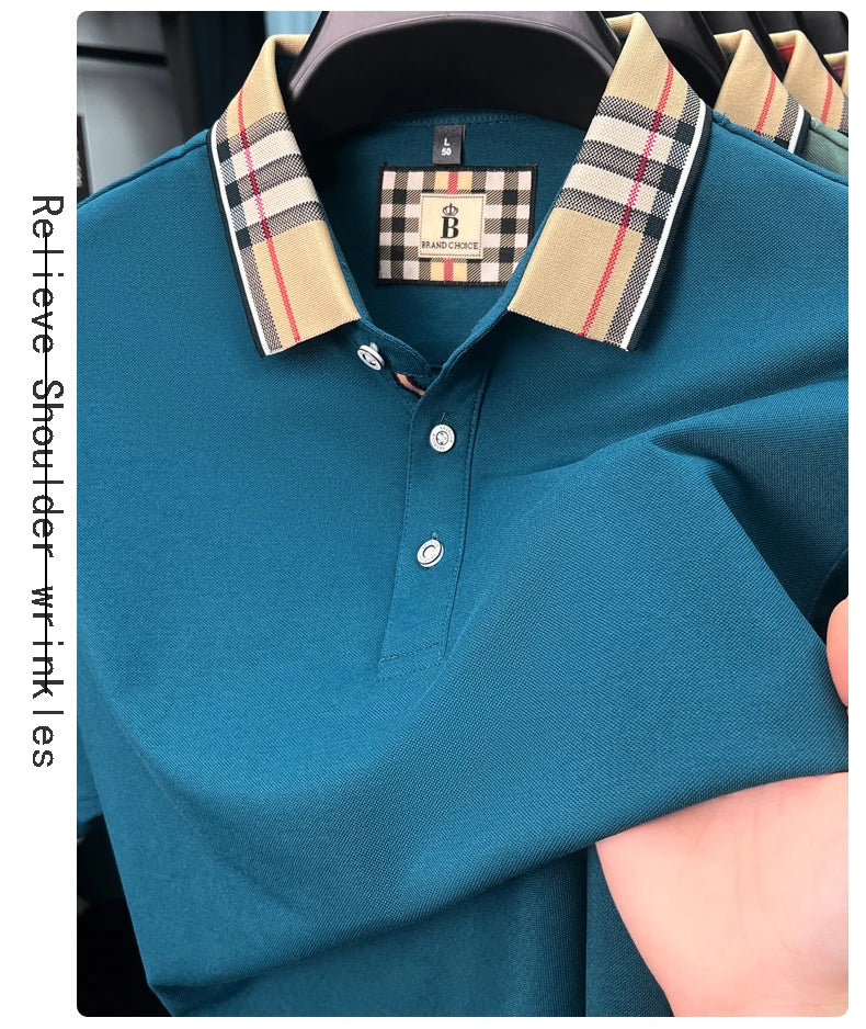 High end silky cotton breathable short sleeve polo shirt men's summer new trend plaid lapel designer brand casual golf T-shirt