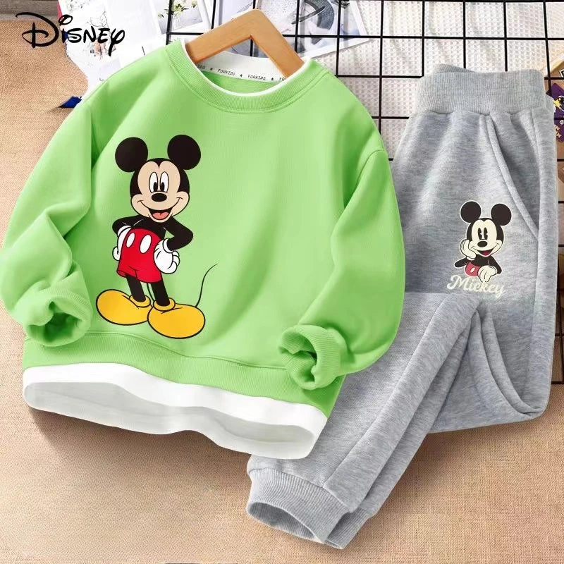 Autumn Baby Girls Boy Clothes Set Children Disney Mickey Printed Sweatshirts Pullover Top And Pants Suit Kid Faux Tracksuits