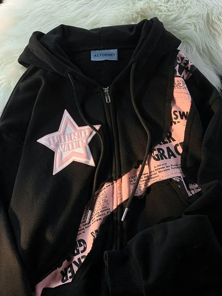 Deeptown Vintage Zip Up Hoodies Women Harajuku Hip Hop Letter Print Coats