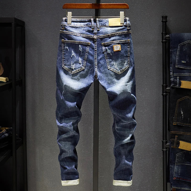 Mens Ripped Jeans Slim Fit Dark Blue Spring Autumn Destroyed Torn Stylish Moto