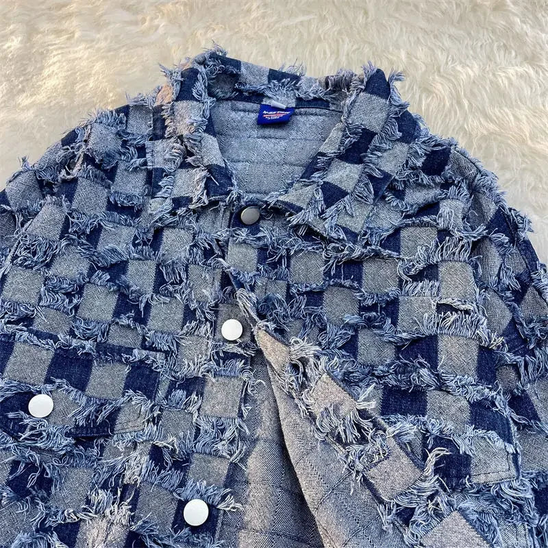 Spring Fashion Plaid Patch Men's Denim Coat Lapel Single Breasted Casual Loose Jacket