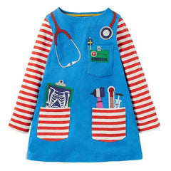 Little maven Baby Girls Blue Casual Clothes Autumn Cotton Pocket Dress Lovely for Children