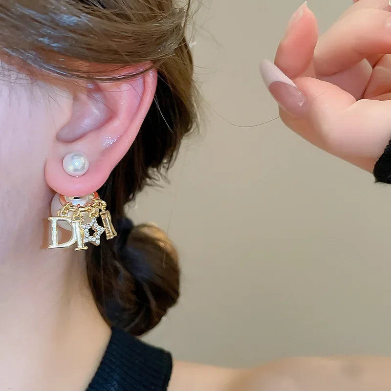 Retro Luxury Tassel Letter Pearl Earrings Women's Fashion Versatile Elegant High-End Feelings Front And Back Stud Earrings