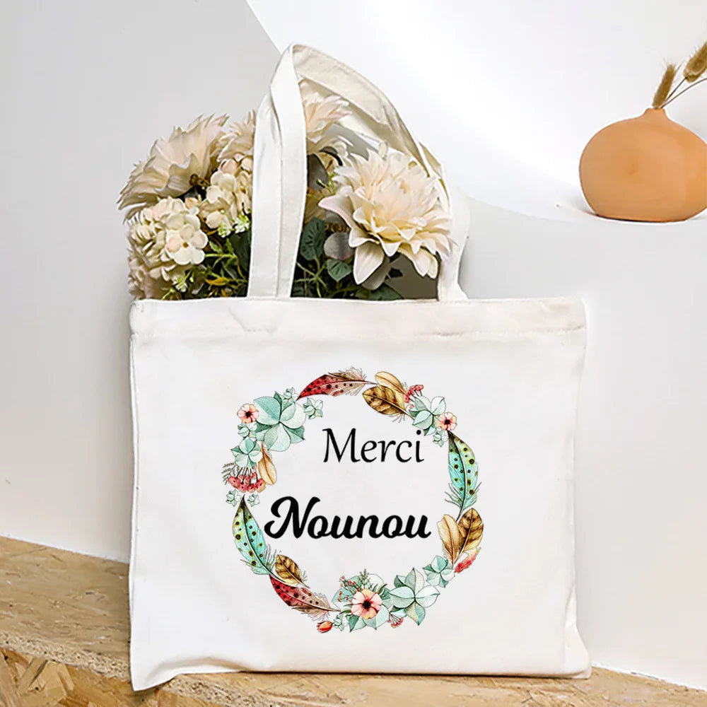 Merci Nounou French Printed Women Shoulder Bag Canvas Tote Bag Female