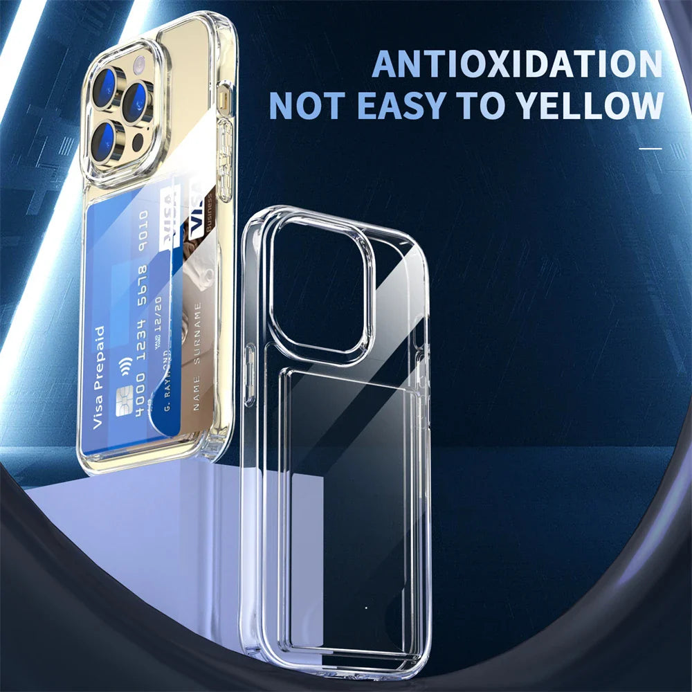 Luxury Transparent Wallet Card Slots Holder Phone Case For iPhone 17 16 15 14 Pro Max 13 12 11 XR X Plus HD Acrylic Clear Cover