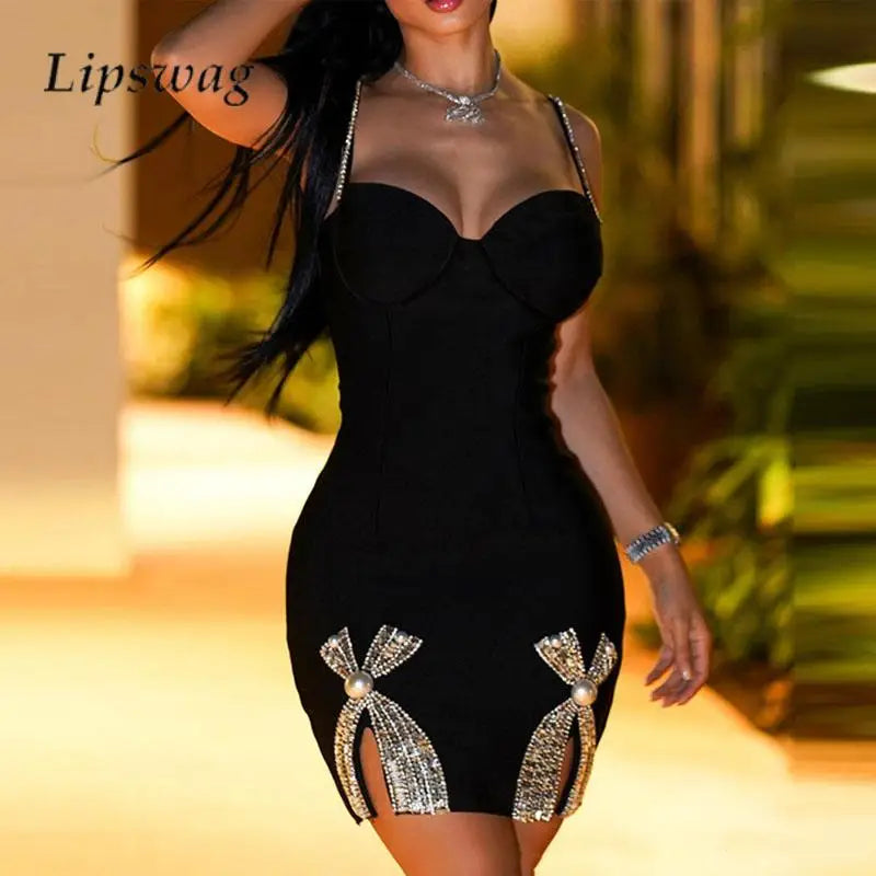 2024 Sexy Spice Girl Bow Hot Diamond Dress Fashion Sling Low Cut Backless Party Club Dress Elegant Ladies Split Hip Wrap Dresses