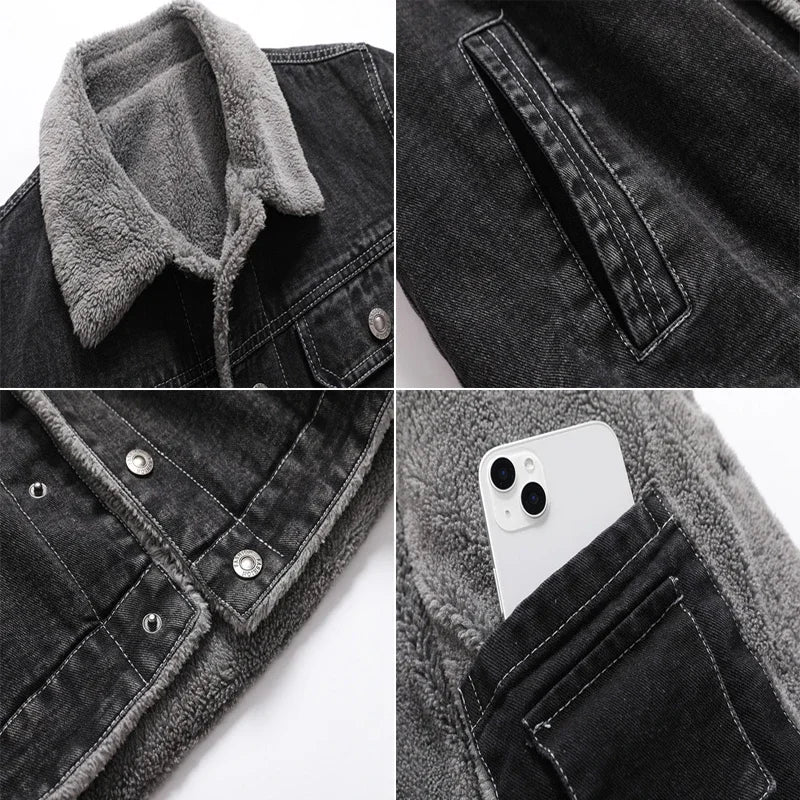 Men's Winter Jacket Fashion Men's Lapel Sherpa Fleece Lined Thicken Denim  Coats
