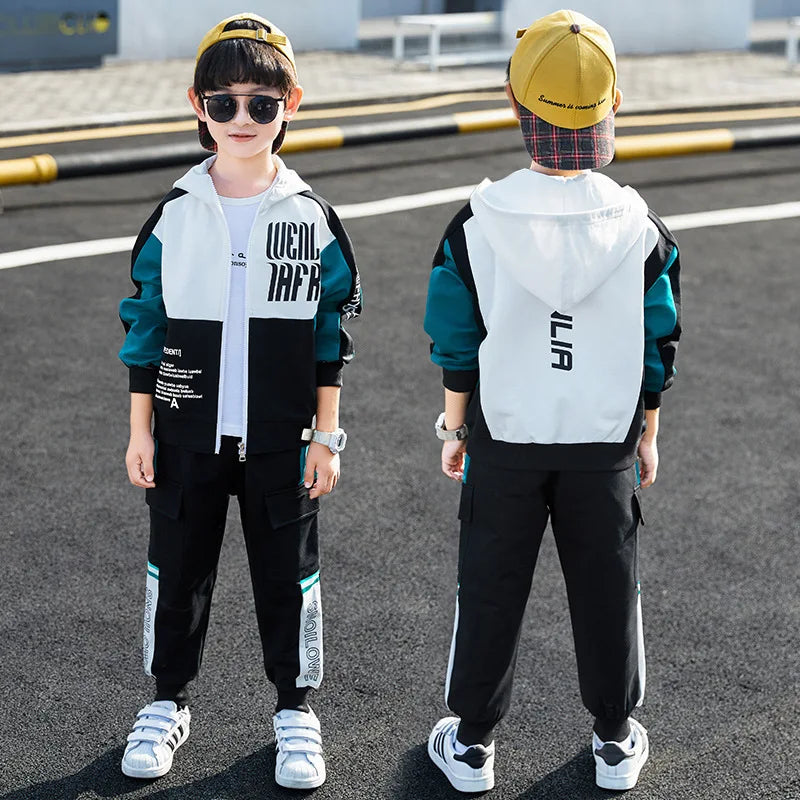 2026 winter spring Tracksuit Clothes Boys Teenager Kids zipper splicing Child set jacket hooded + striped Pant 8 9 10 11 12 year