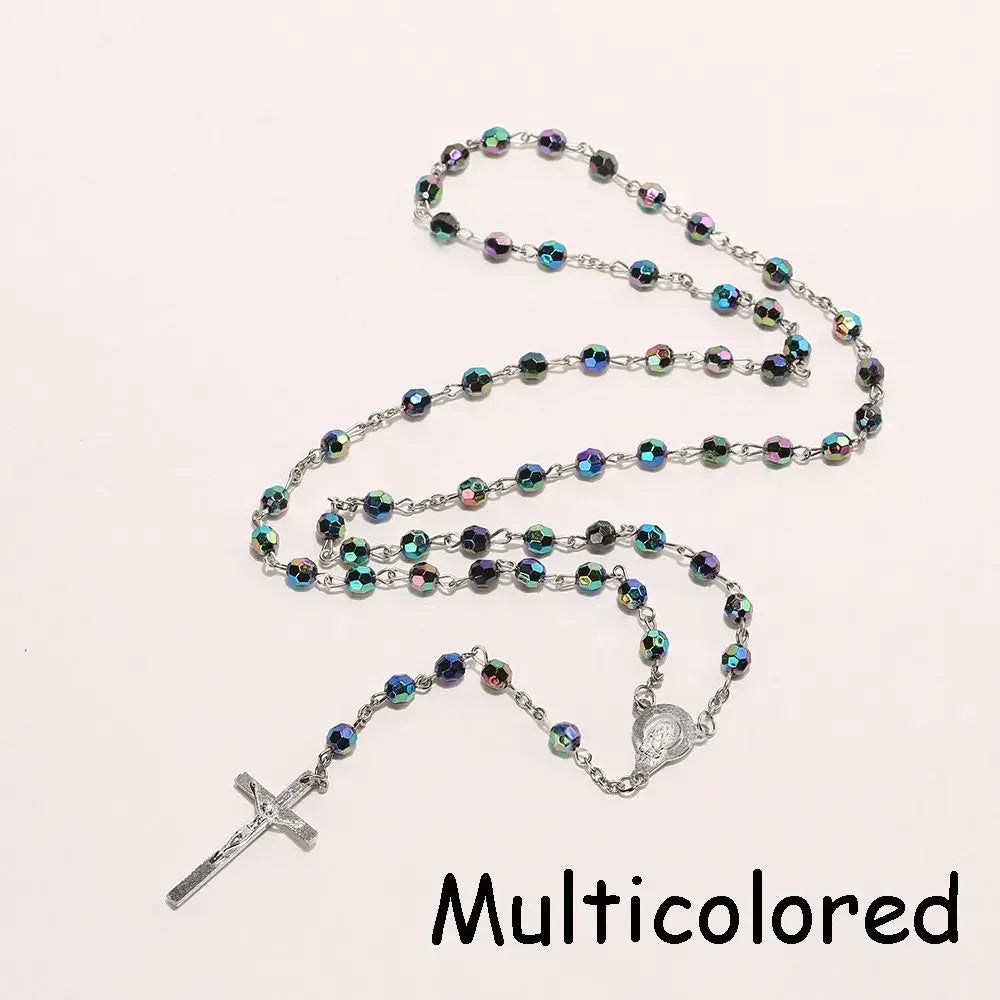 Jewelry Crucifix Charm Vintage Cross Necklace Jesus Rosary Beads Chain Virgin Mary Pendant
