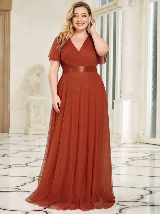 Evening wear Dresses: Plus Size Elegant Evening Dress Long V neck