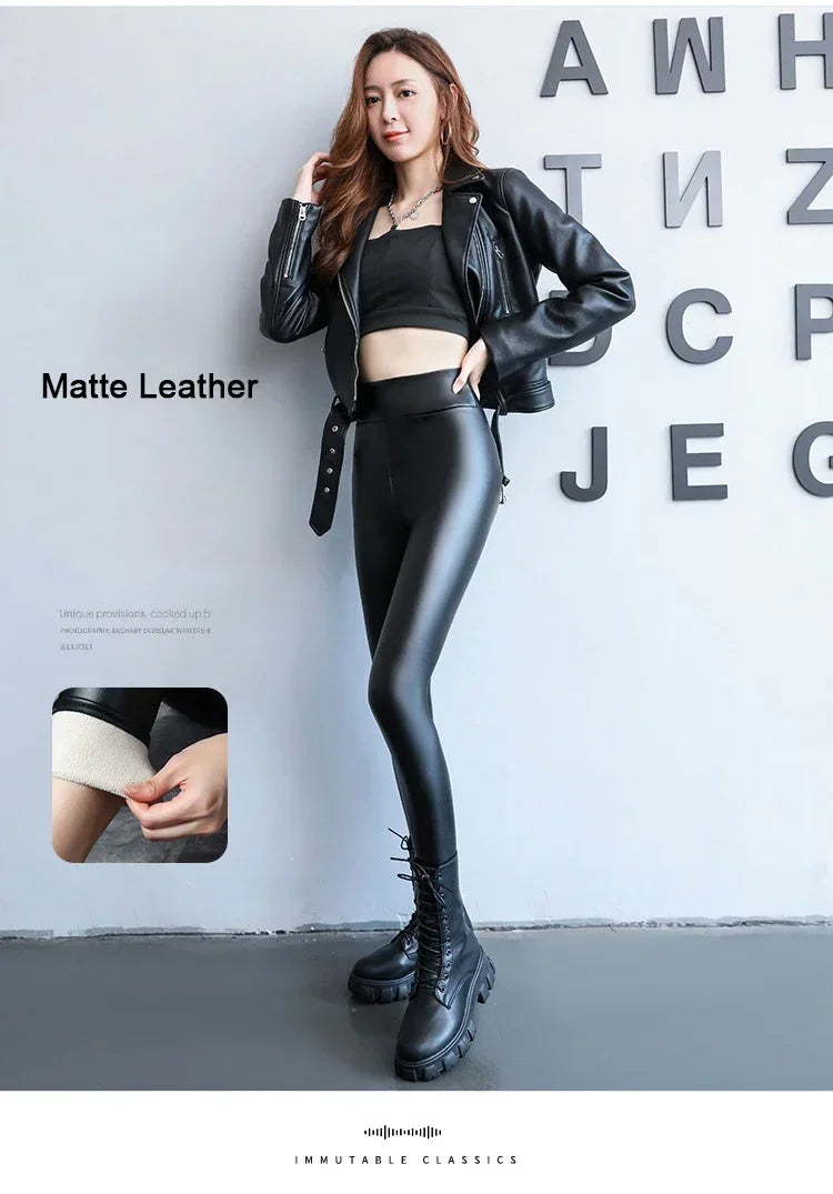 Women's Pants Velvet PU Leather Leggings Winter Ladies High Waist Fleece
