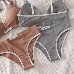 Women Cotton Bra Set Briefs Low Waist Panties Wire Free Bralette Sport Lingerie