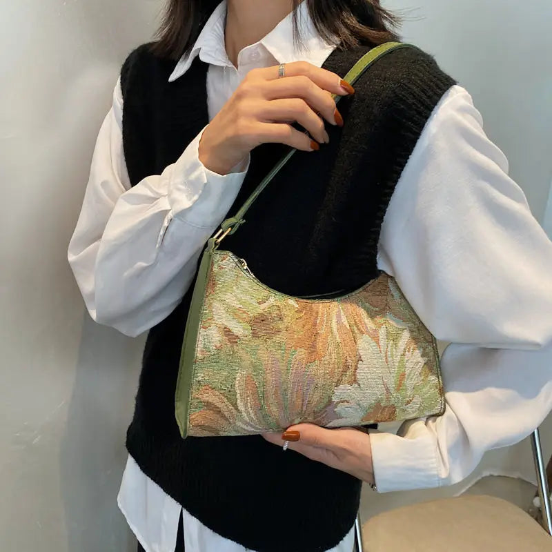 Fashion Vintage Women Oil Painting Design Shoulder Bags Ladies Simple Flower