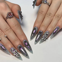 Cool 3D Water Ripple Butterfly Silver Black Long Pointed False Nails Detachable Finished Fake Nails Press on Nails with Glue