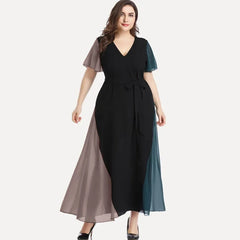 Plus Size V-neck Summer Elegant Chiffon Party Dress Women Short Sleeve Maxi Casual