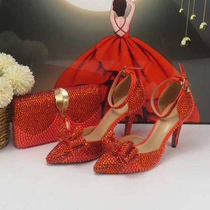BaoYaFang New Arrival Orange Pearl Crystal wedding shoes and Bag Bridal Female Ladies Party Shoes Ankle Strap High Pumps