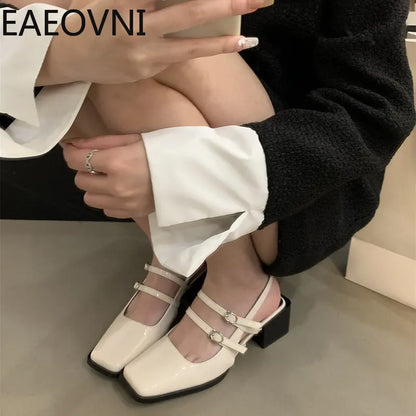 2023 Summer Design Heel Women Sandal Fashion Narrow Band Dress Singbacks Shoes Ladies Outdoor Patent Leather Sandalias