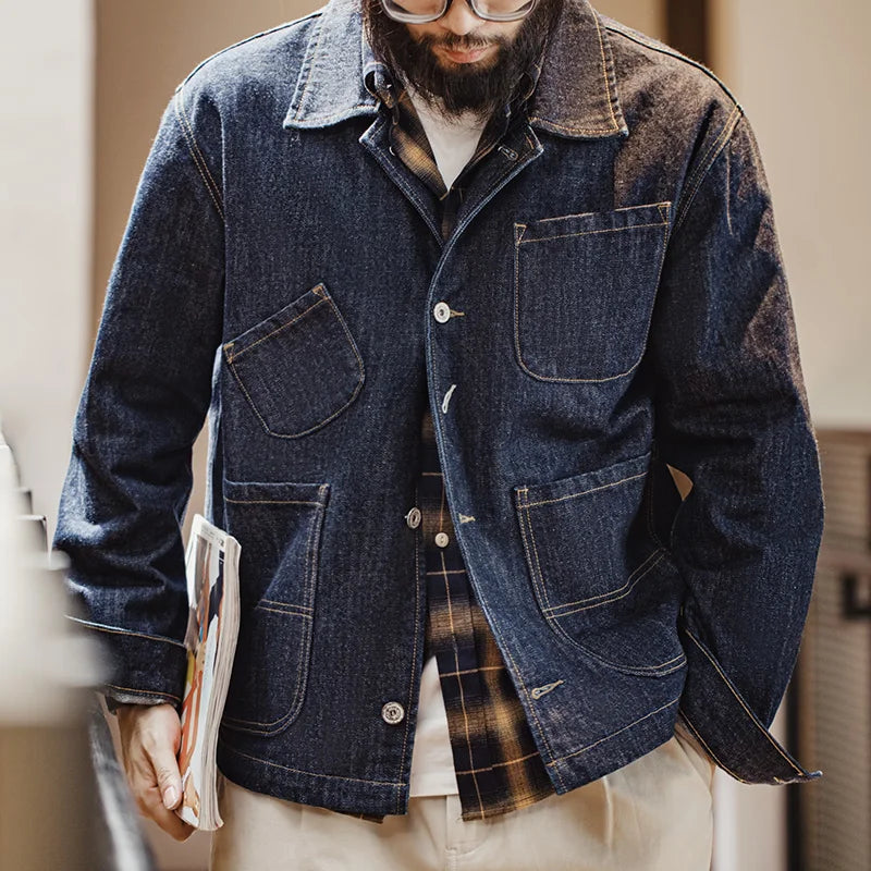 Japanese Vintage 4-Pockets Denim Jacket Lapel Amekaji Multi Pocket Jeans